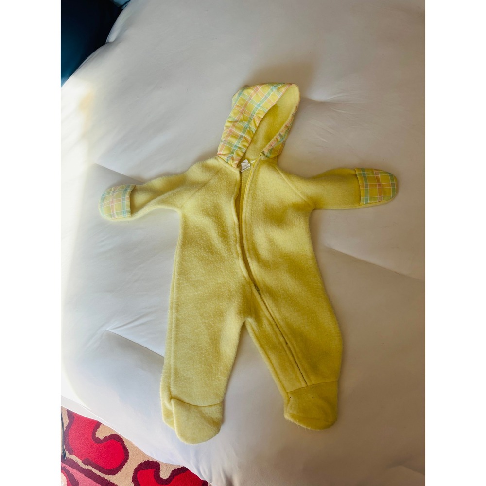 Quiltex Fleece Pram Suit Baby 0-3M Yellow Vintage‎ Plaid Hooded Bunting ILGWU
